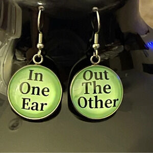 New! In One Ear / Out the Other Funny Round Dangle Earrings